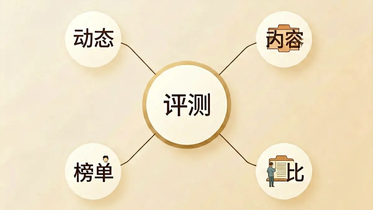 蜜桃网内容范围示意图，展示评测、动态、榜单、对比四大内容类型的分类结构图