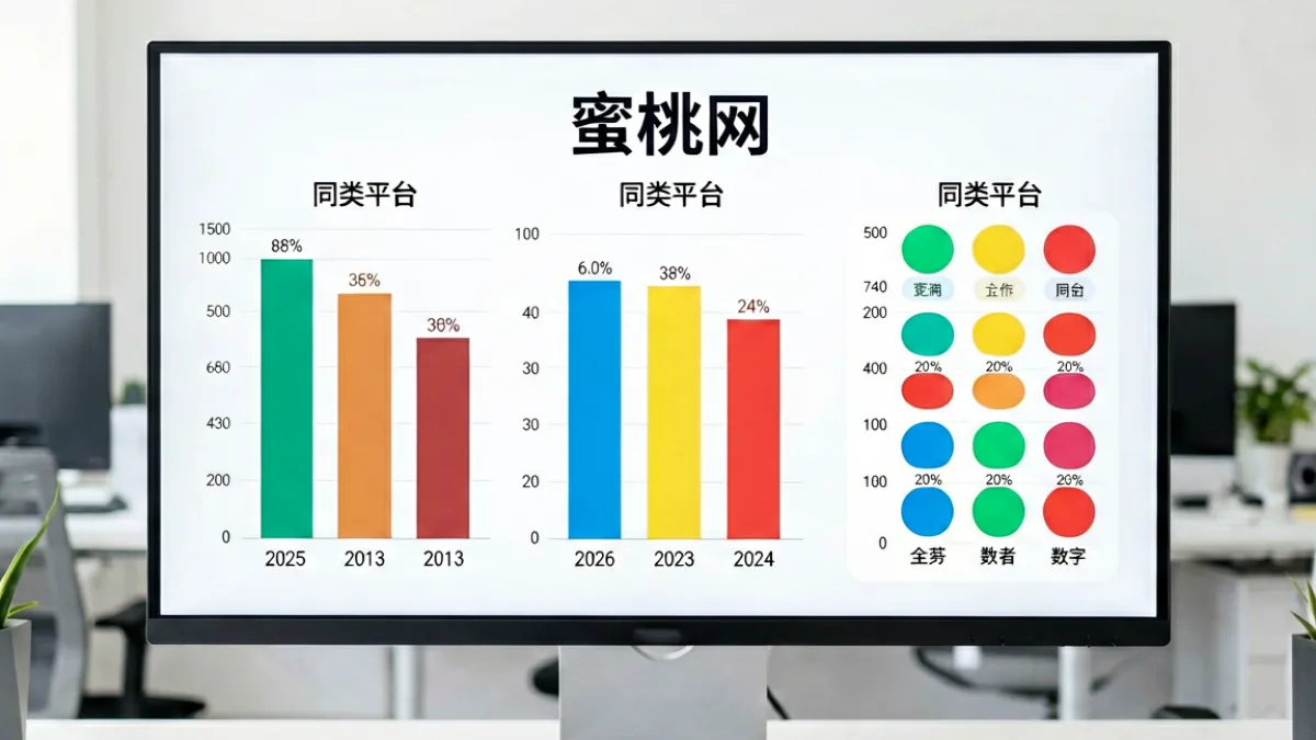 蜜桃网与同类平台并排对比的数据看板，展示内容数量、价格区间与用户评分等多项指标