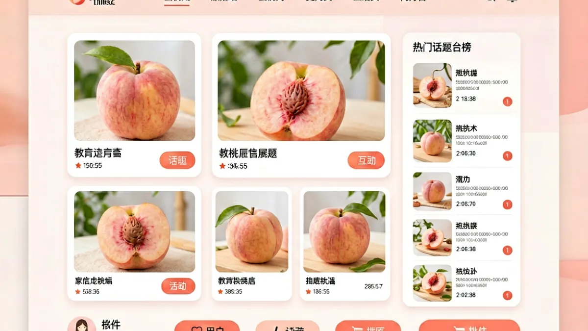 蜜桃网平台首页界面截图，展示了内容聚合区、热门话题榜单与用户互动入口的整体布局