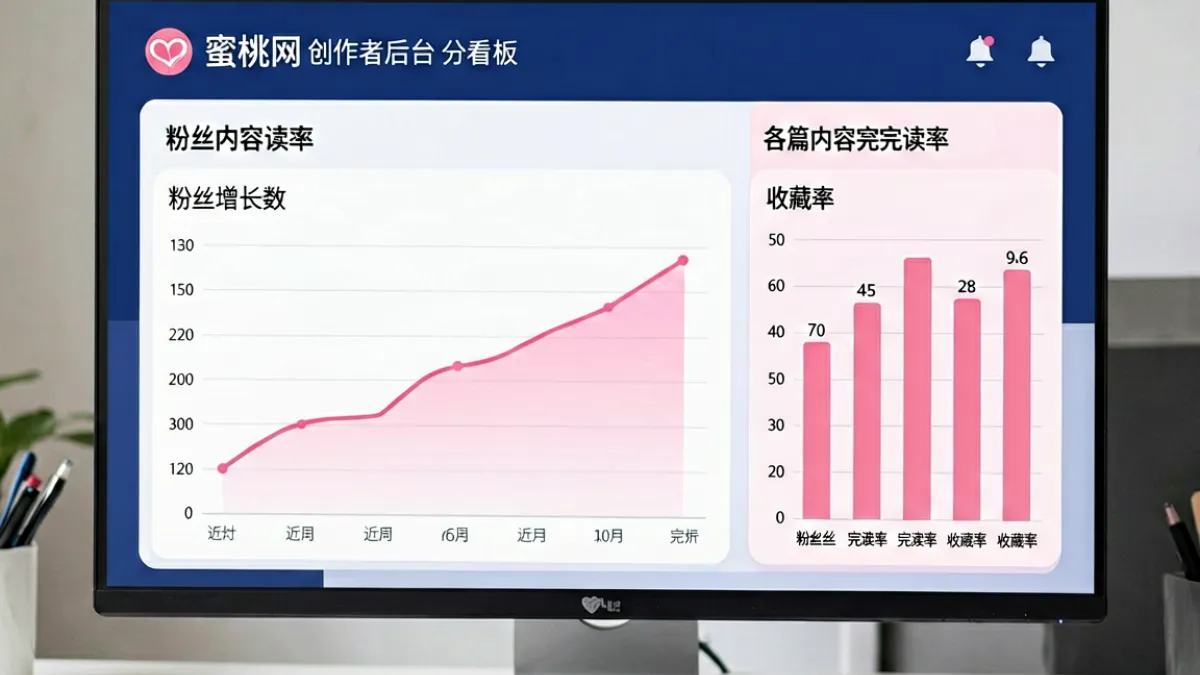 蜜桃网创作者数据看板界面，呈现内容完读率、互动深度与粉丝增长趋势的可视化图表
