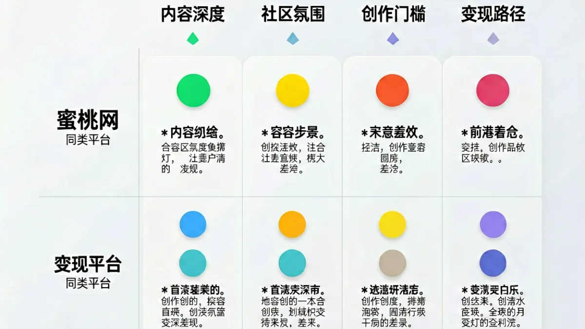 用横向对比图展示蜜桃网与同类内容平台在内容形态、社区深度与创作者工具方面的主要差异